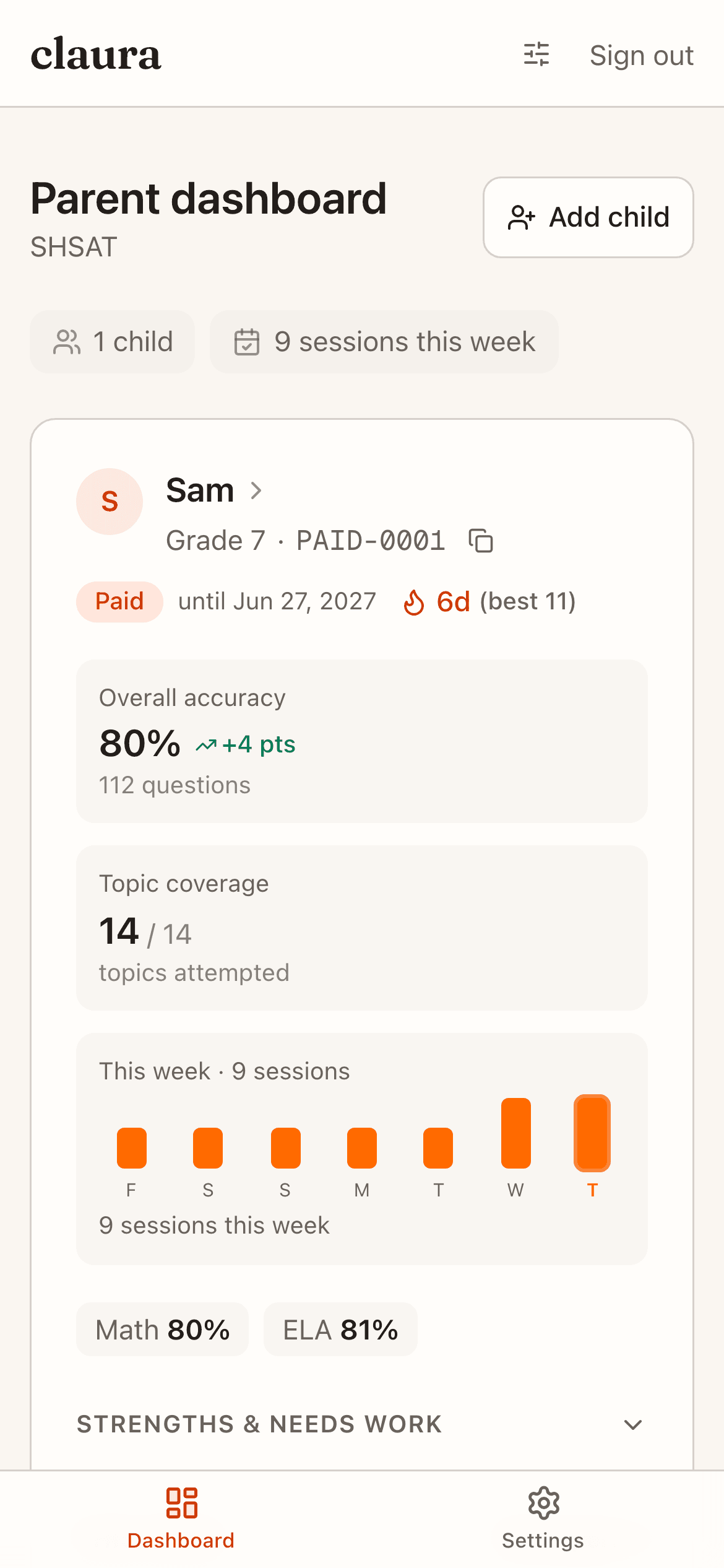 The claura parent dashboard showing a child's SHSAT progress, accuracy by topic, and practice streak