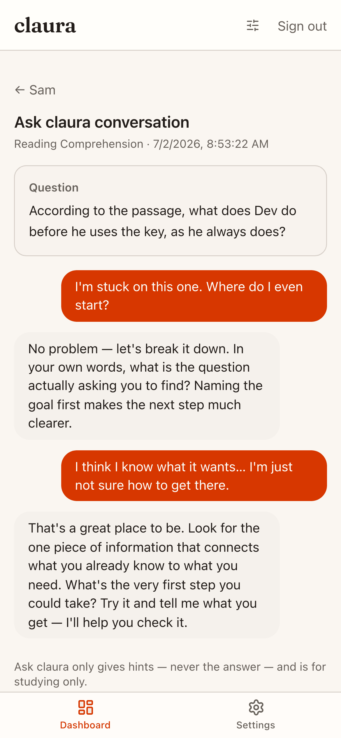 The Ask claura AI tutor giving a guided hint on a practice question